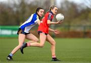 15 March 2024; Cliona O'Brien of St Marys in action against Molly O'Donnell of Ballinrobe Community School during the Lidl All-Ireland Post Primary School Junior C Championship final match between St Marys, Macroom, Cork and Ballinrobe Community School, Mayo at the University of Limerick. Photo by Matt Browne/Sportsfile