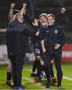 15 March 2024; Bohemians first team coach Derek Pender celebrates at the full time whistle of the SSE Airtricity Men's Premier Division match between Bohemians and Derry City at Dalymount Park in Dublin. Photo by Stephen McCarthy/Sportsfile