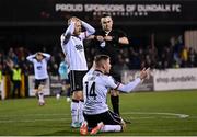 15 March 2024; Daryl Horgan, left, and Cameron Elliott of Dundalk react to a decision by Referee Kevin O'Sullivan during the SSE Airtricity Men's Premier Division match between Dundalk and Waterford at Oriel Park in Dundalk, Louth. Photo by Ramsey Cardy/Sportsfile