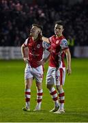 15 March 2024; St Patrick's Athletic players Brandon Kavanagh, left, and Carl Axel Sjoberg after their side's defeat in the SSE Airtricity Men's Premier Division match between St Patrick's Athletic and Shelbourne at Richmond Park in Dublin. Photo by Seb Daly/Sportsfile