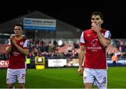 15 March 2024; St Patrick's Athletic players Anto Breslin, right, and Carl Axel Sjoberg after their side's defeat in the SSE Airtricity Men's Premier Division match between St Patrick's Athletic and Shelbourne at Richmond Park in Dublin. Photo by Seb Daly/Sportsfile