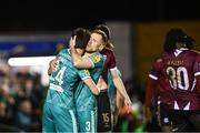 15 March 2024; Sean Hoare of Shamrock Rovers celebrates with team-mate Johnny Kenny, 24, who scored the winning goal, after their side's victory in the SSE Airtricity Men's Premier Division match between Galway United and Shamrock Rovers at Eamonn Deacy Park in Galway. Photo by Piaras Ó Mídheach/Sportsfile