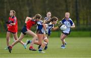 15 March 2024; Rachel Gallagher of Ballinrobe Community School in action against Roisin Ni Liathain of St Marys during the Lidl All-Ireland Post Primary School Junior C Championship final match between St Marys, Macroom, Cork and Ballinrobe Community School, Mayo at the University of Limerick. Photo by Matt Browne/Sportsfile