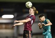 15 March 2024; David Hurley of Galway United beats Dylan Watts of Shamrock Rovers to the header during the SSE Airtricity Men's Premier Division match between Galway United and Shamrock Rovers at Eamonn Deacy Park in Galway. Photo by Piaras Ó Mídheach/Sportsfile