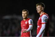 15 March 2024; St Patrick's Athletic players Jamie Lennon, left, and Chris Forrester during the SSE Airtricity Men's Premier Division match between St Patrick's Athletic and Shelbourne at Richmond Park in Dublin. Photo by Seb Daly/Sportsfile