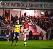 15 March 2024; Chris Forrester of St Patrick's Athletic and Sean Boyd of Shelbourne during the SSE Airtricity Men's Premier Division match between St Patrick's Athletic and Shelbourne at Richmond Park in Dublin. Photo by Seb Daly/Sportsfile