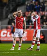 15 March 2024; St Patrick's Athletic players Joe Redmond, left, and Chris Forrester during the SSE Airtricity Men's Premier Division match between St Patrick's Athletic and Shelbourne at Richmond Park in Dublin. Photo by Seb Daly/Sportsfile