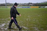 16 March 2024; Referee David Hurson inspects the pitch before the 2024 Lidl All-Ireland Junior Post-Primary Schools Junior B Championship final between Presentation College Headford, Galway and St Ronan’s College, Lurgan, Armagh at Mullahoran in Cavan. Photo by Stephen Marken/Sportsfile