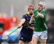 16 March 2024; Fergal O'Connor of Limerick in action against Ronan Glennon of Galway during the Allianz Hurling League Division 1 Group B match between Galway and Limerick at Pearse Stadium in Galway. Photo by Stephen McCarthy/Sportsfile