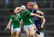 16 March 2024; Fergal O'Connor of Limerick in action against Ronan Glennon of Galway during the Allianz Hurling League Division 1 Group B match between Galway and Limerick at Pearse Stadium in Galway. Photo by Stephen McCarthy/Sportsfile