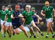 16 March 2024; Fergal O'Connor of Limerick in action against Ronan Glennon of Galway during the Allianz Hurling League Division 1 Group B match between Galway and Limerick at Pearse Stadium in Galway. Photo by Stephen McCarthy/Sportsfile