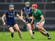 16 March 2024; Barry Nash of Limerick in action against Conor Cooney, left, and David Burke of Galway during the Allianz Hurling League Division 1 Group B match between Galway and Limerick at Pearse Stadium in Galway. Photo by Stephen McCarthy/Sportsfile