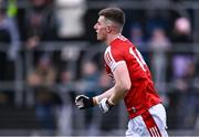 16 March 2024; Conor Corbett of Cork celebrates after scoring his side's first goal during the Allianz Football League Division 2 match between Meath and Cork at Páirc Tailteann in Navan, Meath. Photo by Ben McShane/Sportsfile