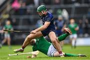 16 March 2024; Fintan Burke of Galway in action against Seamus Flanagan of Limerick during the Allianz Hurling League Division 1 Group B match between Galway and Limerick at Pearse Stadium in Galway. Photo by Stephen McCarthy/Sportsfile