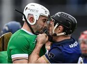 16 March 2024; Aaron Gillane of Limerick and Seán Linnane of Galway during the Allianz Hurling League Division 1 Group B match between Galway and Limerick at Pearse Stadium in Galway. Photo by Stephen McCarthy/Sportsfile