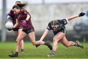 16 March 2024; Cecilia French of St Ronan's College in action against Katie O Connor of Presentation College during the 2024 Lidl All-Ireland Junior Post-Primary Schools Junior B Championship final between Presentation College Headford, Galway and St Ronan’s College, Lurgan, Armagh at Mullahoran in Cavan. Photo by Stephen Marken/Sportsfile