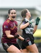 16 March 2024; Cassie Henderson of St Ronan's College celebrates after scoring her side's fourth goal during the 2024 Lidl All-Ireland Junior Post-Primary Schools Junior B Championship final between Presentation College Headford, Galway and St Ronan’s College, Lurgan, Armagh at Mullahoran in Cavan. Photo by Stephen Marken/Sportsfile