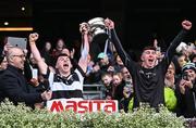 16 March 2024; St Kieran's College joint-captains Jeff Neary, left, and Stephen Manogue lift the cup after their side's victory in the Masita GAA Hurling Post Primary Schools Croke Cup final match between St Raphael's Loughrea of Galway and St Kieran's College of Kilkenny at Croke Park in Dublin. Photo by Piaras Ó Mídheach/Sportsfile