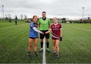 16 March 2024; Referee Ray McBride with Loreto College Cavan captain Katie O'Meara, left, and FCJ Bunclody captain Hannah Lawless before the 2024 Lidl All-Ireland Junior Post-Primary Schools Junior A Championship final between FCJ Secondary School, Bunclody, Wexford and Loreto College, Cavan, at the GAA National Games Development Centre, Abbotstown in Dublin. Photo by Michael P Ryan/Sportsfile