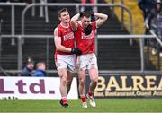16 March 2024; Eoghan McSweeney, left, and Luke Fahy of Cork celebrate after the Allianz Football League Division 2 match between Meath and Cork at Páirc Tailteann in Navan, Meath. Photo by Ben McShane/Sportsfile