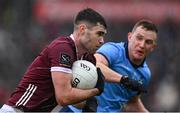16 March 2024; Seán Mulkerrin of Galway in action against Ciarán Kilkenny of Dublin during the Allianz Football League Division 1 match between Galway and Dublin at Pearse Stadium in Galway. Photo by Stephen McCarthy/Sportsfile
