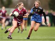 16 March 2024; Leah Roban of FCJ Bunclody in action against Sophie Walsh of Loreto College Cavan during the 2024 Lidl All-Ireland Junior Post-Primary Schools Junior A Championship final between FCJ Secondary School, Bunclody, Wexford and Loreto College, Cavan, at the GAA National Games Development Centre, Abbotstown in Dublin. Photo by Michael P Ryan/Sportsfile