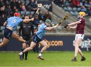 16 March 2024; David O'Reilly of Westmeath in action against Paddy Smyth, left, and James Madden of Dublin during the Allianz Hurling League Division 1 Group B match between Dublin and Westmeath at Parnell Park in Dublin. Photo by Tom Beary/Sportsfile