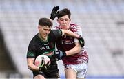 16 March 2024; Paddy Lane of Mercy Mounthawk in action against Brian Gallagher of Omagh CBS during the Masita GAA Football Post Primary Schools Hogan Cup final match between Mercy Mounthawk of Kerry and Omagh CBS of Tyrone at Croke Park in Dublin. Photo by Piaras Ó Mídheach/Sportsfile
