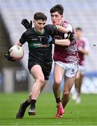 16 March 2024; Paddy Lane of Mercy Mounthawk in action against Brian Gallagher of Omagh CBS during the Masita GAA Football Post Primary Schools Hogan Cup final match between Mercy Mounthawk of Kerry and Omagh CBS of Tyrone at Croke Park in Dublin. Photo by Piaras Ó Mídheach/Sportsfile