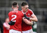 16 March 2024; Tommy Walsh, right, and Kevin Flahive of Cork celebrate after the Allianz Football League Division 2 match between Meath and Cork at Páirc Tailteann in Navan, Meath. Photo by Ben McShane/Sportsfile