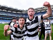 16 March 2024; St Kieran's College players Tom McPhillips, left, and Bill McDermott celebrate after their side's victory in the Masita GAA Hurling Post Primary Schools Croke Cup final match between St Raphael's Loughrea of Galway and St Kieran's College of Kilkenny at Croke Park in Dublin. Photo by Piaras Ó Mídheach/Sportsfile