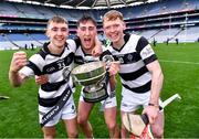 16 March 2024; St Kieran's College players, from left, Rory Glynn, Tom McPhillips and James Hughes celebrate after their side's victory in the Masita GAA Hurling Post Primary Schools Croke Cup final match between St Raphael's Loughrea of Galway and St Kieran's College of Kilkenny at Croke Park in Dublin. Photo by Piaras Ó Mídheach/Sportsfile