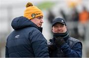 16 March 2024; Antrim manager Darren Gleeson, left, and selector Gary O’Kane during the Allianz Hurling League Division 1 Group B match between Antrim and Tipperary at Corrigan Park in Belfast. Photo by Ramsey Cardy/Sportsfile