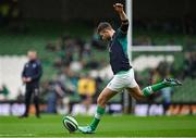 16 March 2024; Ross Byrne of Ireland warms-up before the Guinness Six Nations Rugby Championship match between Ireland and Scotland at the Aviva Stadium in Dublin. Photo by Brendan Moran/Sportsfile