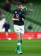16 March 2024; Ross Byrne warms-up before the Guinness Six Nations Rugby Championship match between Ireland and Scotland at the Aviva Stadium in Dublin. Photo by Harry Murphy/Sportsfile