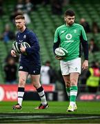 16 March 2024; Ben Healy of Scotland and Harry Byrne of Ireland before the Guinness Six Nations Rugby Championship match between Ireland and Scotland at the Aviva Stadium in Dublin. Photo by Harry Murphy/Sportsfile