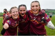 16 March 2024; St Ronan's College players, from left, Anna Lavery, Cassie Henderson, and Evie McCafferty after the 2024 Lidl All-Ireland Junior Post-Primary Schools Junior B Championship final between Presentation College Headford, Galway and St Ronan’s College, Lurgan, Armagh at Mullahoran in Cavan. Photo by Stephen Marken/Sportsfile
