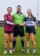 16 March 2024; Referee David Hurson with St Ronan's College captain, Aoibhin Donohue, left, and Presentation College captain Lauren McAlinden before the 2024 Lidl All-Ireland Junior Post-Primary Schools Junior B Championship final between Presentation College Headford, Galway and St Ronan’s College, Lurgan, Armagh at Mullahoran in Cavan. Photo by Stephen Marken/Sportsfile