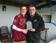 16 March 2024; Aoibhin Donohue of St Ronan's College receives the player of the match award from LGFA representative Gerry Doherty after the 2024 Lidl All-Ireland Junior Post-Primary Schools Junior B Championship final between Presentation College Headford, Galway and St Ronan’s College, Lurgan, Armagh at Mullahoran in Cavan. Photo by Stephen Marken/Sportsfile