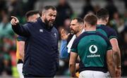 16 March 2024; Ireland head coach Andy Farrell speaks to Jordan Larmour of Ireland before the Guinness Six Nations Rugby Championship match between Ireland and Scotland at the Aviva Stadium in Dublin. Photo by Harry Murphy/Sportsfile