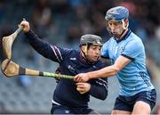 16 March 2024; Westmeath Goalkeeper Noel Conaty is tackled by Paul Crummey of Dublin during the Allianz Hurling League Division 1 Group B match between Dublin and Westmeath at Parnell Park in Dublin. Photo by Tom Beary/Sportsfile