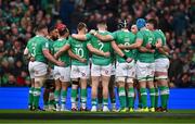 16 March 2024; Ireland players huddle before the Guinness Six Nations Rugby Championship match between Ireland and Scotland at the Aviva Stadium in Dublin. Photo by Harry Murphy/Sportsfile