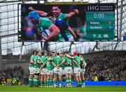 16 March 2024; Ireland players huddle before the Guinness Six Nations Rugby Championship match between Ireland and Scotland at the Aviva Stadium in Dublin. Photo by Sam Barnes/Sportsfile