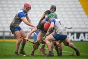 16 March 2024; Adrian Mullen of Kilkenny in action against Waterford players Calum Lyons, left, and Jack Prendergast during the Allianz Hurling League Division 1 Group A match between Waterford and Kilkenny at Walsh Park in Waterford. Photo by Seb Daly/Sportsfile