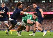 16 March 2024; Dan Sheehan of Ireland on his way to scoring his side's first try during the Guinness Six Nations Rugby Championship match between Ireland and Scotland at the Aviva Stadium in Dublin. Photo by Harry Murphy/Sportsfile