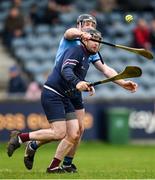 16 March 2024; Westmeath Goalkeeper Noel Conaty is tackled by Paul Crummey of Dublin during the Allianz Hurling League Division 1 Group B match between Dublin and Westmeath at Parnell Park in Dublin. Photo by Tom Beary/Sportsfile