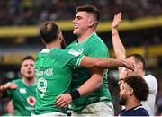 16 March 2024; Dan Sheehan of Ireland, right, celebrates with team-mate Jamison Gibson-Park after scoring his side's first try during the Guinness Six Nations Rugby Championship match between Ireland and Scotland at the Aviva Stadium in Dublin. Photo by Harry Murphy/Sportsfile