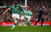 16 March 2024; Jack Crowley of Ireland kicks a conversion during the Guinness Six Nations Rugby Championship match between Ireland and Scotland at the Aviva Stadium in Dublin. Photo by Harry Murphy/Sportsfile
