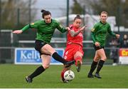 16 March 2024; Karen Duggan of Peamount United is tackled by Pearl Slattery of Shelbourne during the SSE Airtricity Women's Premier Division match between Peamount United and Shelbourne at PRL Park in Greenogue, Dublin. Photo by Ben McShane/Sportsfile