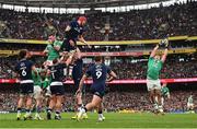 16 March 2024; Dan Sheehan of Ireland catches the ball on the back of a line-out resulting in Ireland's first try during the Guinness Six Nations Rugby Championship match between Ireland and Scotland at the Aviva Stadium in Dublin. Photo by Harry Murphy/Sportsfile